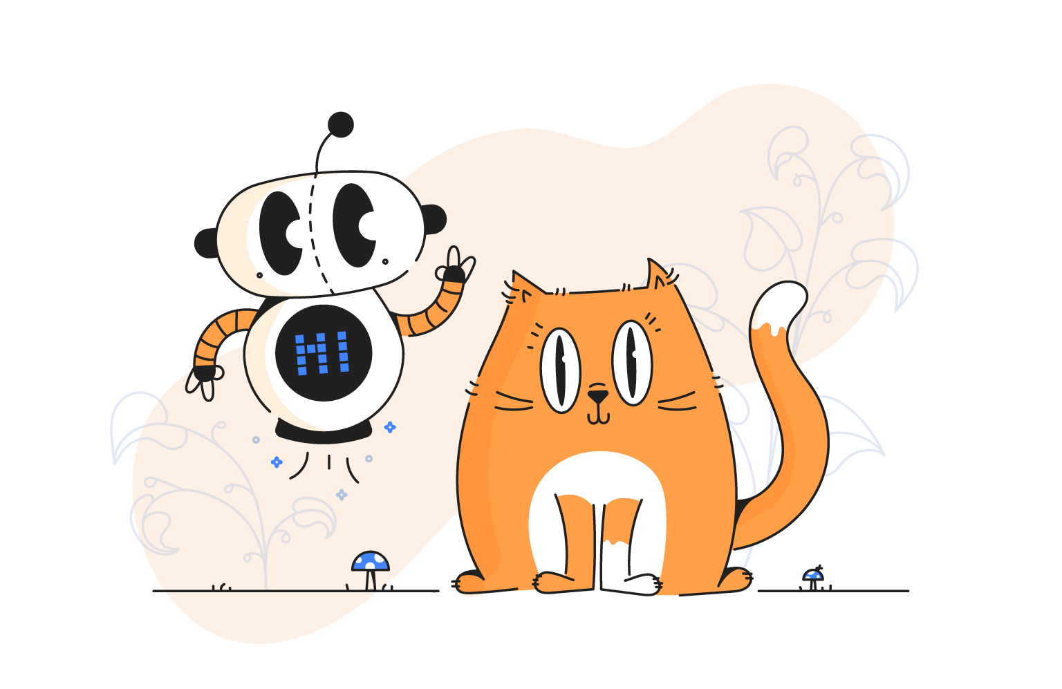Illustration of Digit the Robot and Gobbs the Cat welcoming you to Gretel